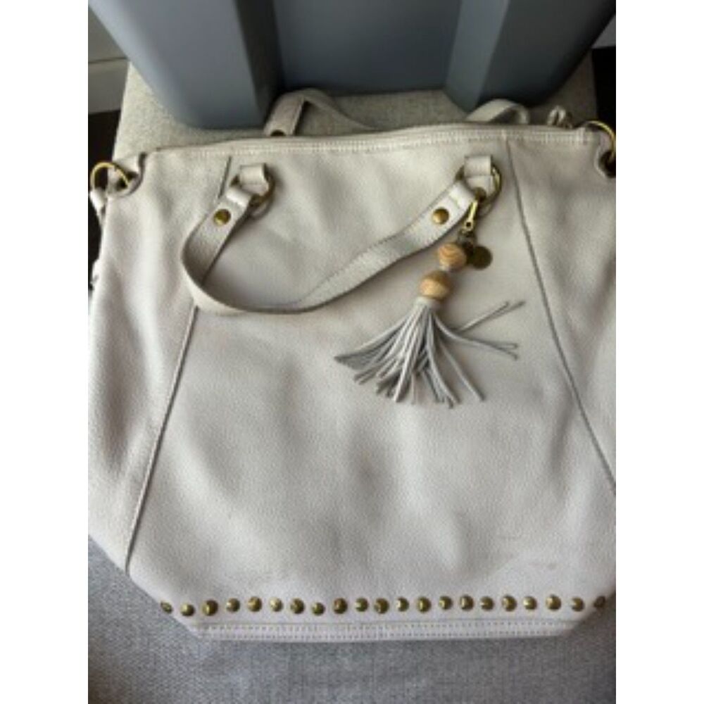 The Sak Cream Pebbled Tote Bag Studded Tassel Shoulder Purse Ivory
